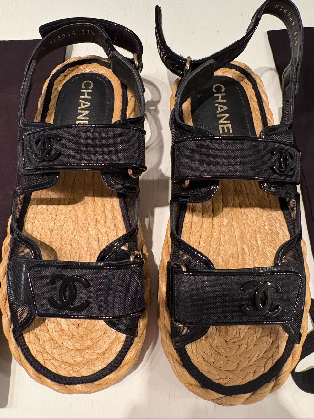 CHANEL Black Canvas and Natural Rope Espadrille Sandals - Picture 2 of 11